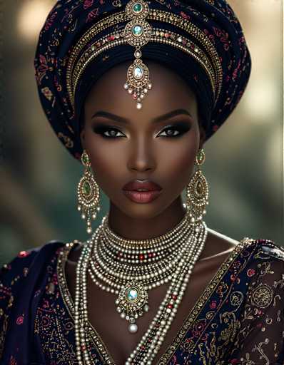 The image shows a close-up portrait of a woman wearing traditional African attire and jewelry. The woman is adorned with a large headpiece that includes a turban and a necklace made up of multiple strands of beads in various colors. She also wears earrings and a bracelet on her wrist, which are part of the intricate design of her outfit.