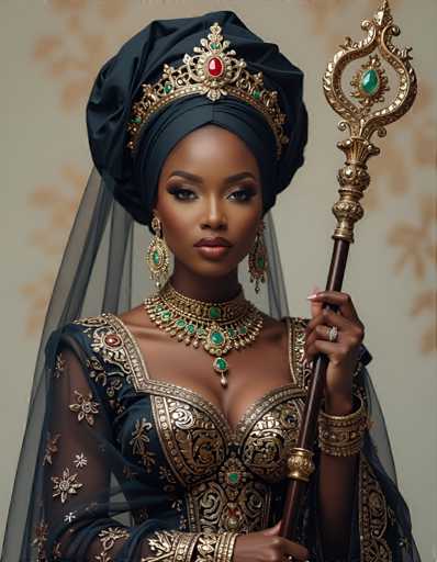 A woman is standing against a white background with her hair styled in an elegant updo and wearing a black headpiece adorned with gold accents. She is holding a golden staff or wand in one hand and a necklace made of green and red gemstones in the other.
