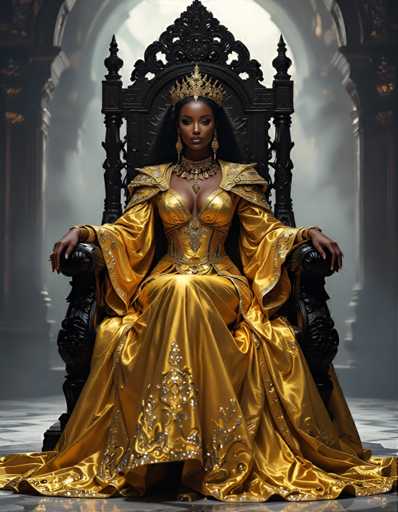 A woman is seated on a throne-like chair with gold and black accents, wearing a long, flowing yellow dress adorned with intricate gold embroidery. The background features a dark gray archway that adds to the regal atmosphere of the scene.