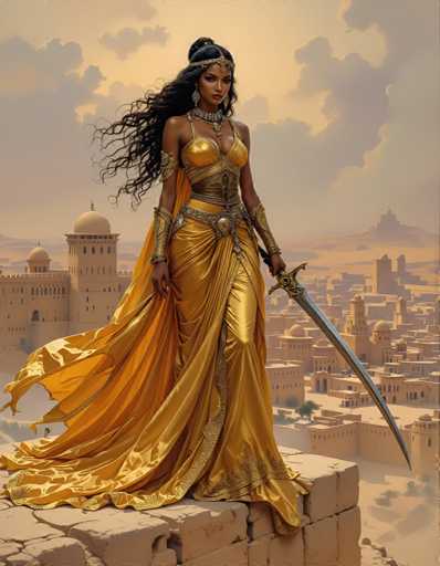 A woman with long dark hair is standing on a cliff overlooking a cityscape. She is wearing a gold dress and holding a sword in her right hand. The sky above them is filled with clouds, creating an atmospheric backdrop for the scene.