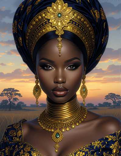 The image shows a woman with dark hair and skin wearing a blue head wrap adorned with gold accents. She is positioned against the backdrop of a sunset over a field filled with trees. The woman's face is lit up by the warm glow of the setting sun, creating an ethereal atmosphere around her.