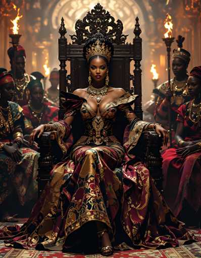 The image depicts a woman wearing a regal crown and a long, ornate dress with gold accents, seated on a throne surrounded by other people dressed in similar attire. The setting appears to be a grand hall or palace, with the presence of several torches and a large archway visible in the background.