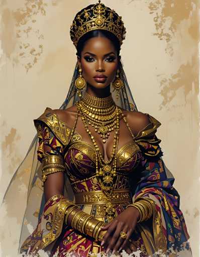 A woman is depicted wearing an ornate gold and red dress with a large headdress adorned with gold accents. She holds a gold chain in her hand. The background features a beige color with a textured pattern that appears to be a painting or drawing style.