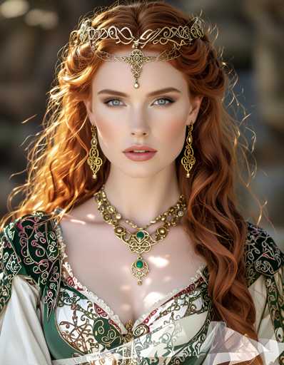 A woman with long red hair wearing a gold crown and earrings is the main subject of this image. She has her hair styled in loose curls that fall over her shoulders, giving her an elegant appearance. The background appears to be a stone wall or a brick wall, adding a rustic touch to the overall setting.