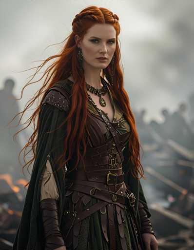 A woman with long red hair and a green dress stands in front of a group of people dressed in medieval clothing, suggesting she is the main character from a historical drama or period piece.