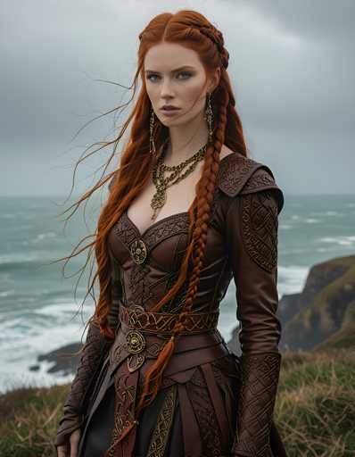 A woman with long red hair and a brown dress stands on a cliff overlooking the ocean. She is wearing gold jewelry that includes earrings and a necklace. The sky above her is overcast, creating a dramatic backdrop for the scene.