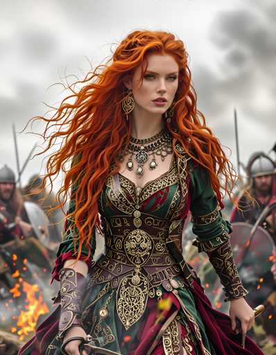 A woman with long red hair and a green dress is walking through a battle scene, holding a sword in her right hand and wearing earrings. The background shows soldiers armed with swords and shields, indicating a historical or medieval setting.