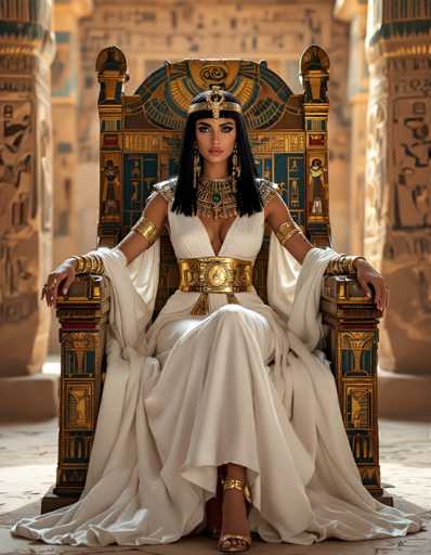 A woman dressed in an Egyptian-style outfit is seated on a throne in the center of a temple. She wears a white dress with gold accents and a headdress adorned with jewels. The background features columns and hieroglyphics, suggesting the setting to be ancient Egypt.