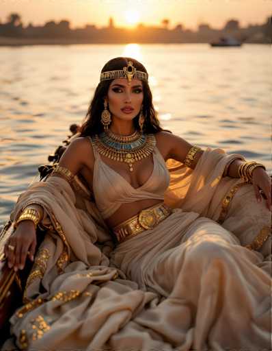 A woman is seated on a boat at sunset, wearing a beige dress and gold jewelry including a headpiece with a large feather.