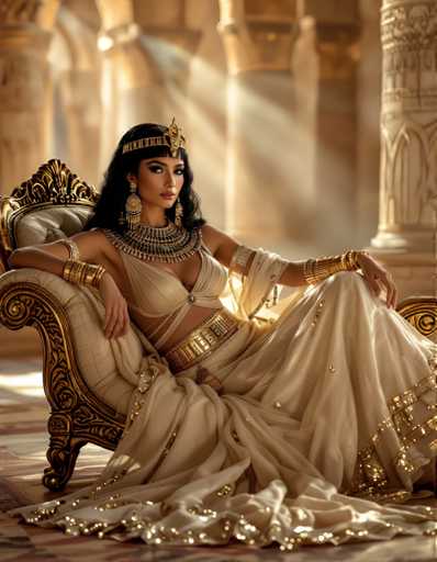 A woman is seated on a gold-colored throne in a grand room with columns and arches. She is wearing a beige dress adorned with gold accents and a headdress made of feathers. The lighting from the right side of the image casts a warm glow over her, highlighting the intricate details of her attire.