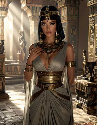 A woman dressed in an Egyptian-style dress with a gold belt and headdress stands in front of a large statue of a pharaoh. The background features a temple with columns and statues, suggesting the image is taken within an ancient Egyptian setting.