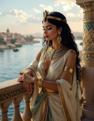 A woman dressed in ancient Egyptian clothing stands on a balcony overlooking a body of water. She wears a gold crown and necklace, and her hair is styled in loose curls. The background features buildings and trees, suggesting an urban setting with natural elements.