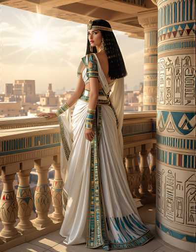 A woman dressed in an Egyptian-style dress stands on a balcony overlooking the city of Cairo, Egypt. The balcony is adorned with blue and white columns that add architectural elegance to the scene. The woman's attire includes a headdress and a flowing white dress with blue accents, typical of ancient Egyptian fashion.