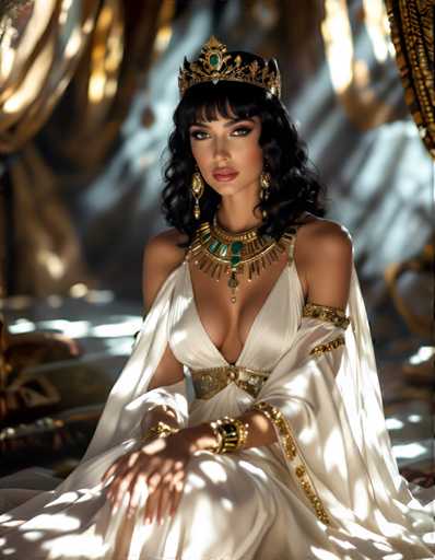A woman is seated on a throne-like chair with gold accents and a white robe adorned with gold accents. She wears a crown on her head and has a necklace of gold and green stones around her neck. The background features a large window draped in gold curtains that reflects the light, creating an ethereal glow.