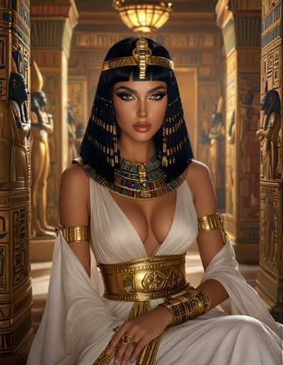 A woman dressed in an Egyptian-style dress and headdress is seated on a throne in the center of a grand room with columns and statues surrounding her.