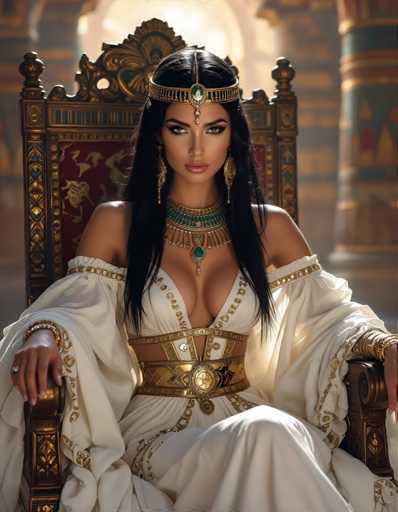 A woman is seated on a throne-like chair with gold accents and a red cushion, wearing a white dress adorned with gold embroidery and a headpiece featuring a green gemstone.