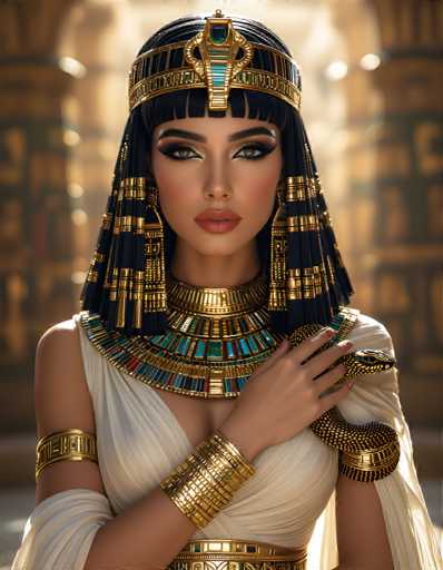 A woman dressed in an ancient Egyptian costume with a large headdress and gold jewelry stands against the backdrop of a grand building.