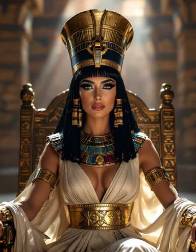 A woman wearing an Egyptian-style headdress and gold jewelry is seated on a throne with her hands resting on the seat.