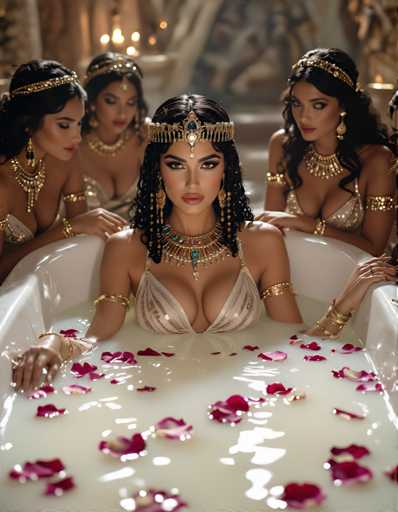 The image shows four women sitting in a bathtub filled with pink rose petals and white milk. The woman on the left is wearing a gold headpiece and earrings, while the other three women have similar golden jewelry.