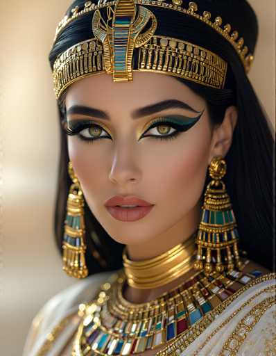 The image shows a close-up portrait of a woman wearing an elaborate costume and jewelry. The woman's face is the main focus, with her eyes looking directly at the camera. She has long dark hair that falls over her shoulders, and she wears a gold headpiece adorned with blue and green accents.

The background is blurred, suggesting that it could be a room or a hallway. The image does not contain any text or other discernible objects, making it difficult to determine specific details about the setting or context of the scene.