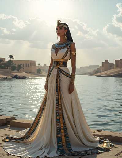 A woman stands on a stone platform overlooking a body of water, wearing an elegant white gown with gold accents and a large headdress adorned with feathers. The setting is reminiscent of ancient Egypt, with buildings visible in the background under a clear blue sky dotted with clouds.