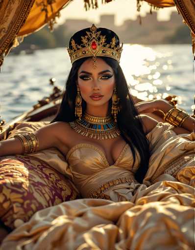 A woman is seated on a boat with her back to the camera, wearing a gold crown and gold jewelry including earrings and bracelets. The background shows a body of water and buildings in the distance.
