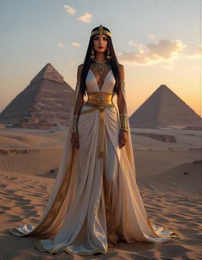 A woman stands in front of two ancient Egyptian pyramids, wearing a white dress with gold accents and a headdress. The sky is clear blue with clouds, creating a serene backdrop for the scene.