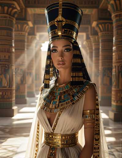 A woman is standing in front of a large column with a golden headdress on her head and a white dress with gold accents around her waist. The background features a wall adorned with intricate designs and columns that add to the grandeur of the scene.