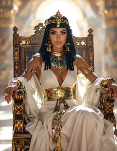 A woman dressed in an Egyptian-style outfit is seated on a throne, with her hands resting on the seat and her head adorned with a gold crown. The background features a large archway leading to another room, suggesting that she may be in a palace or grand hall.