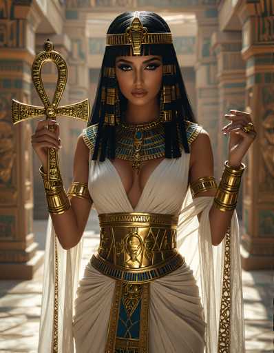 A woman dressed in ancient Egyptian clothing stands in front of a temple, holding an Ankh and wearing a gold headdress with a feather on her shoulder.