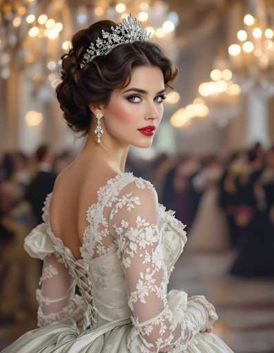 A woman is standing in front of a group of people wearing a white dress with lace sleeves and a tiara on her head. The background features a chandelier hanging from the ceiling, creating an elegant atmosphere.
