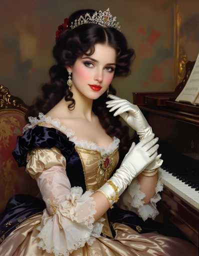 A woman dressed in an ornate gold and white dress with a large tiara sits at a grand piano, her hands resting on the keys as she gazes directly into the camera.