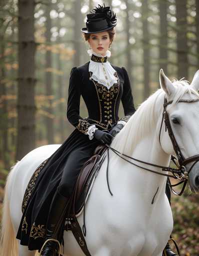 A woman dressed in an elegant black and gold dress is riding a white horse through a forest. The horse has a brown bridle on its head and the rider is wearing gloves.