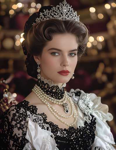 The image shows a woman wearing an elaborate black and white dress with lace sleeves and a corset. She is also wearing a tiara made of silver and gold, which has a large diamond in the center. The background features a blurred image of a Christmas tree, suggesting that the photo was taken during the holiday season.
