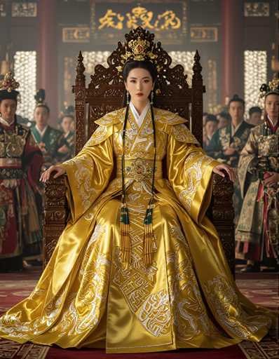 The image shows a woman wearing an elaborate gold and white dress with intricate designs on the bodice and skirt. She is seated on a throne-like chair, which is adorned with a gold crown at the top. The background reveals that this scene takes place in a palace or grand hall, suggesting a historical or royal context.