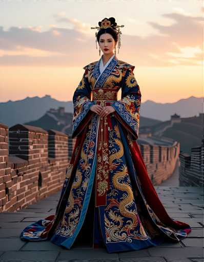 A woman stands on a stone wall with her back to the camera, wearing a traditional Chinese dress that is blue and gold with intricate designs of dragons and flowers. The sky behind her is painted in shades of orange and pink, suggesting either sunrise or sunset.