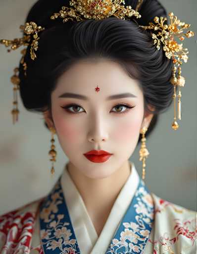 The image shows a close-up portrait of a woman wearing traditional Chinese attire. She is adorned with gold jewelry and a headpiece featuring a red dot on her forehead. The background is blurred, drawing focus to the subject in the foreground.