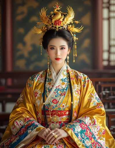 A woman is seated on a bench wearing traditional Chinese clothing with a gold headpiece and earrings featuring red and blue flowers.