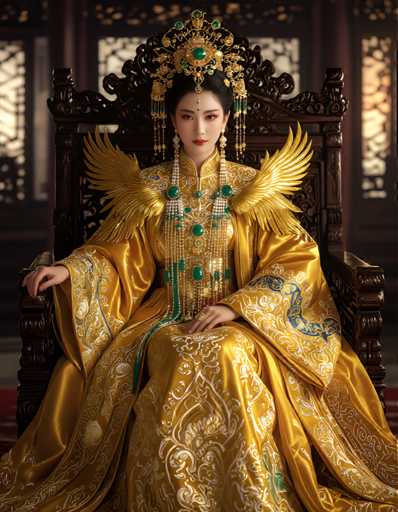 A woman is seated on a throne-like chair with gold accents and a large headdress adorned with green jewels. She wears a yellow dress with white embroidery and a matching headdress featuring green jewels. The background shows a wooden wall with intricate carvings.