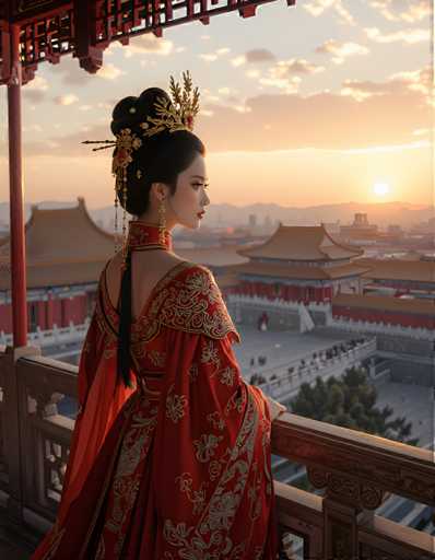 A woman dressed in traditional Chinese clothing stands on a balcony overlooking a cityscape at sunset. The sky is painted with hues of orange and pink, creating a serene backdrop for the scene. The woman's attire features a red dress adorned with gold accents and a matching headpiece.