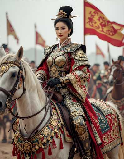 A woman dressed as a queen is riding a white horse with gold and red decorations on her back. She is wearing a red and gold costume that includes a headdress and a parasol. The background features several other horses and people in similar costumes, suggesting this scene takes place during a historical event or reenactment.
The woman appears to be the main subject of the image, with the horse as her mode of transportation.