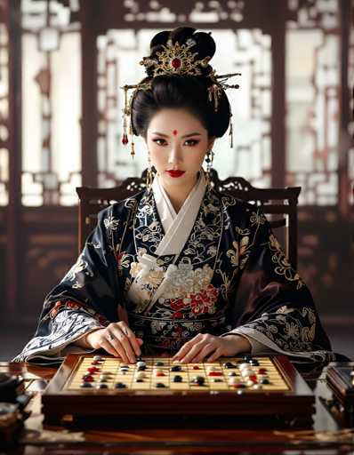 A woman dressed in traditional Chinese clothing is seated at a table playing a game of chess. She wears a black and gold dress with intricate floral designs on the bodice and a matching headpiece adorned with a red dot for her eye. The wooden table beneath the chessboard holds several pieces, suggesting an ongoing match or preparation for one.