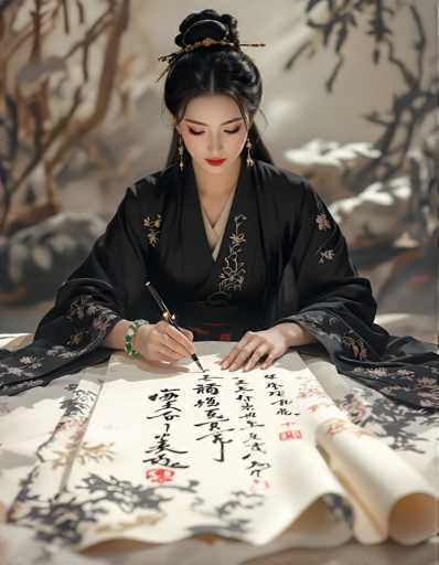 A woman dressed in traditional Chinese clothing is seated at a table, engrossed in writing on a scroll of Chinese characters using a pen and ink. The background features a serene landscape with trees and rocks, creating an atmosphere of tranquility and harmony with nature.
