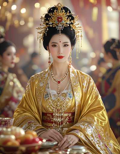 The image shows a woman wearing traditional Chinese clothing and jewelry. She is seated at a table with an apple on it. The background includes other people dressed similarly in traditional attire.