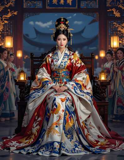The image depicts a woman wearing an ornate, colorful Chinese dress with intricate designs and patterns. She is seated on a bench, surrounded by other women dressed similarly in traditional Chinese attire. The setting appears to be a palace or grand hall, as indicated by the presence of lanterns hanging from the ceiling.