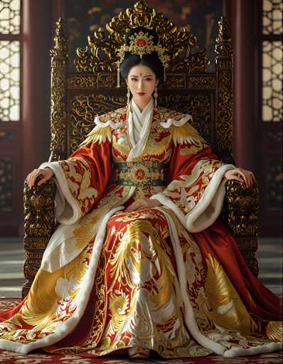 A woman is seated on a golden throne with a red and gold robe adorned with white and gold embroidery. She wears a gold headpiece and earrings that complement her attire. The background features a window with intricate designs, adding to the regal atmosphere of the scene.
