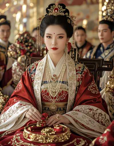 A woman wearing traditional Chinese clothing with a red and gold color scheme is the main focus of the image. She has her hair styled in an elegant updo and is wearing a large pearl necklace that complements her outfit. The background shows other people dressed similarly to the woman, suggesting they are part of a cultural event or gathering.