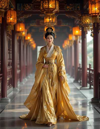 A woman is walking down an aisle with a gold dress and headpiece, holding a purse. The room has red pillars and lanterns hanging from the ceiling, creating a warm and inviting atmosphere.