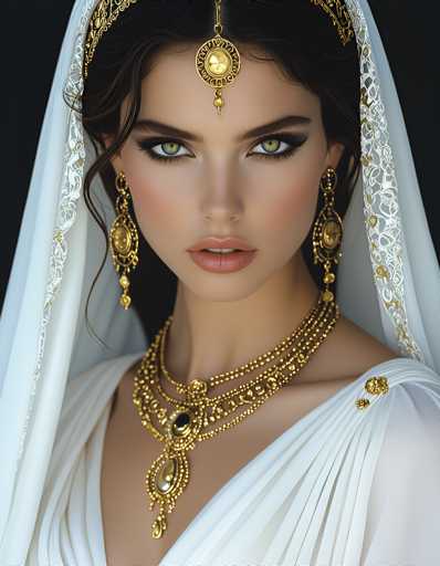 The image shows a woman wearing a white dress and gold jewelry. She has dark hair styled in an elegant updo and is looking directly at the camera with a serious expression on her face. The background is black, which contrasts with the white of her dress and highlights her features.