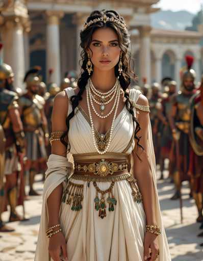 A woman wearing a white dress with gold accents and pearls stands in front of a group of people dressed in armor, suggesting she is the main subject or character in this scene. The background features a building and trees, providing context to the location where the image was taken.